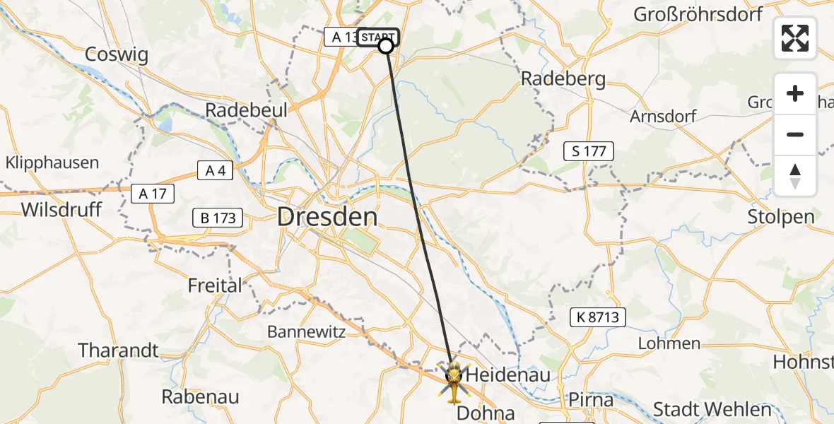 Flugroute Rettungshubschrauber Dresden Bundespolizei Hubschrauberlandeplatz - Dohna, 12 Juli 2026, 15:48