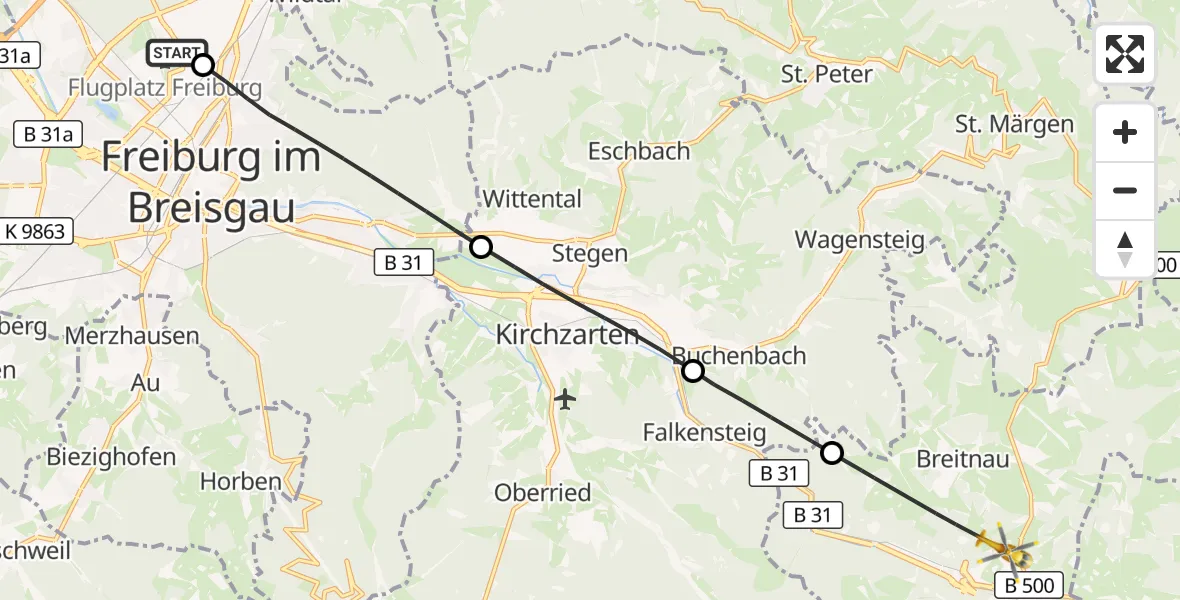Flugroute Ambulanzhubschrauber Freiburg im Breisgau Flugplatz - Breitnau, 12 Juli 2026, 15:49
