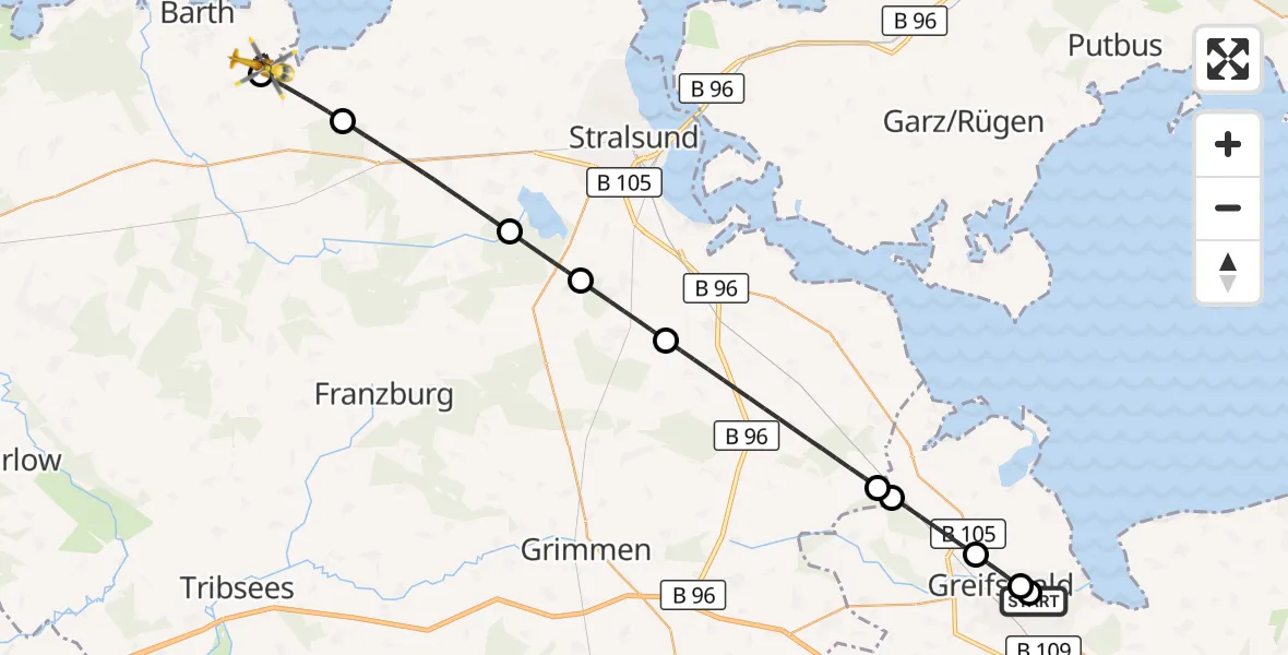 Flugroute Rettungshubschrauber Greifswald Hospital - Kenz-Küstrow, 12 Juli 2026, 15:51