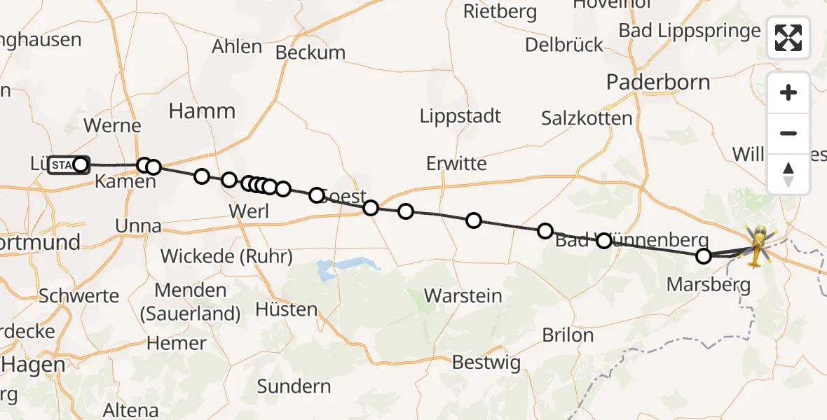 Flugroute Rettungshubschrauber Lünen - Marsberg, 12 Juli 2026, 15:52