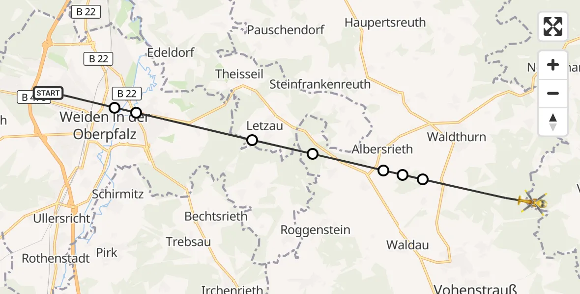 Flugroute Ambulanzhubschrauber Weiden i.d.OPf. - Pleystein, 12 Juli 2026, 15:54