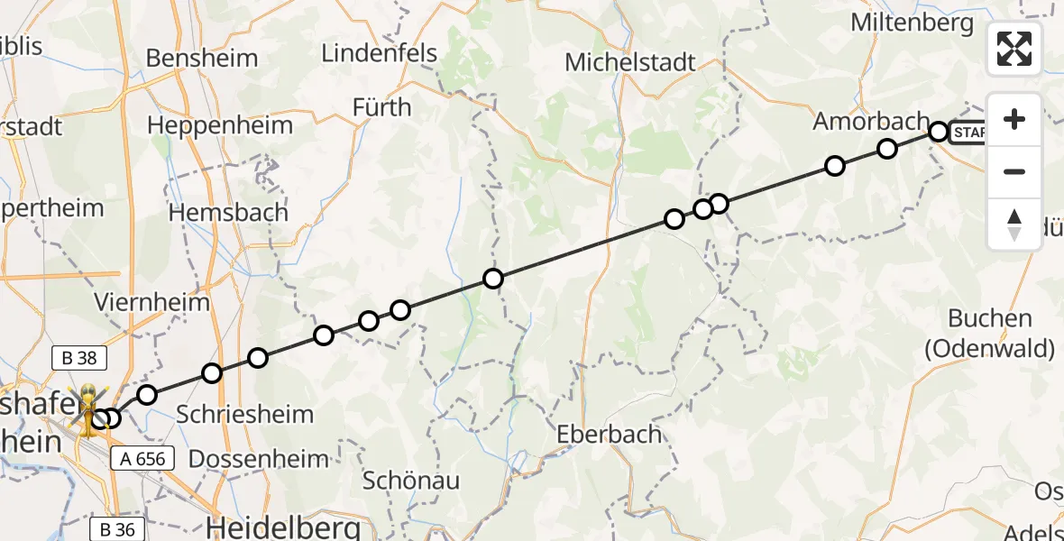 Flugroute Rettungshubschrauber Walldürn - Mannheim-City Flughafen, 12 Juli 2026, 15:56