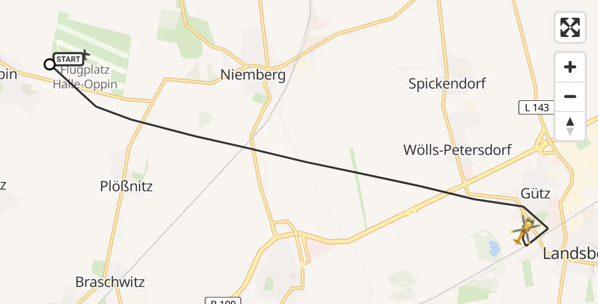 Flugroute Rettungshubschrauber Halle-Oppin Flugplatz - Landsberg, 12 Juli 2026, 16:01