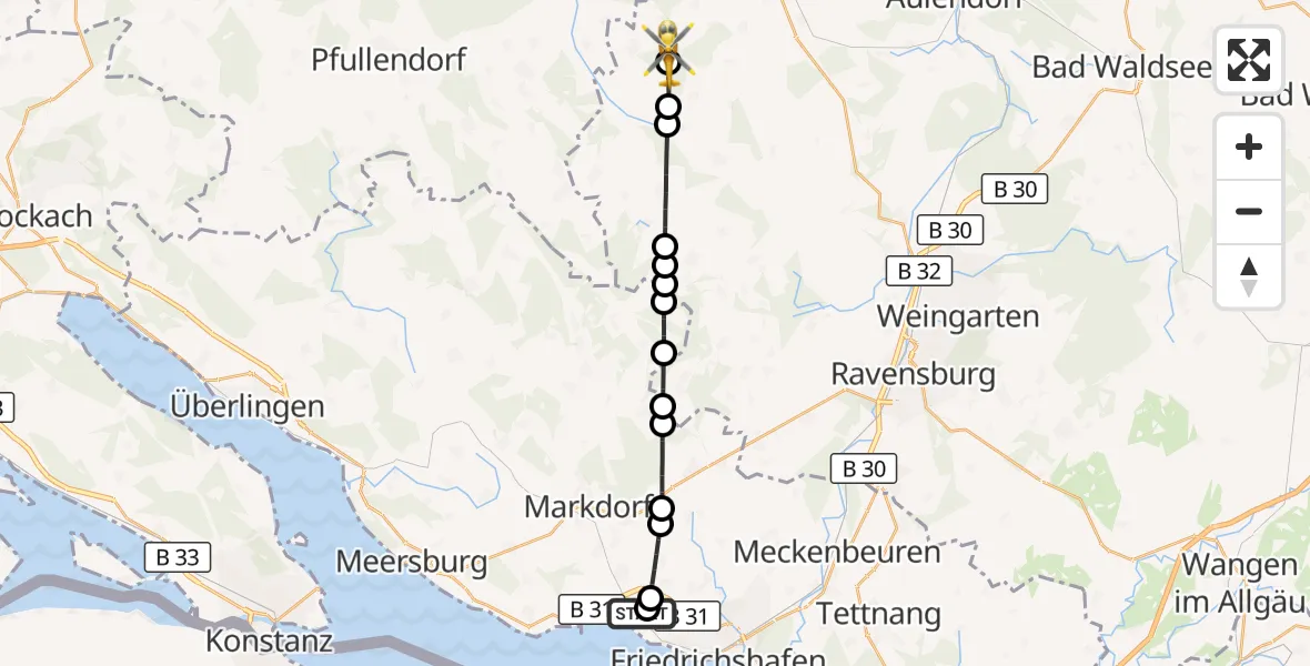 Flugroute Rettungshubschrauber Friedrichshafen Hospital - Königseggwald, 12 Juli 2026, 16:02