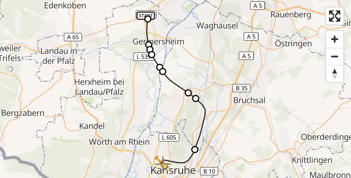 Flugroute Ambulanzhubschrauber Schwegenheim - Karlsruhe, 12 Juli 2026, 16:02