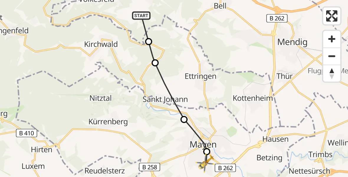Flugroute Rettungshubschrauber Rieden - Mittlerhein Gemeinschaftskrankenhaus Sankt Elisabeth Mayen Hubschrauberlandeplatz, 12 Juli 2026, 16:02