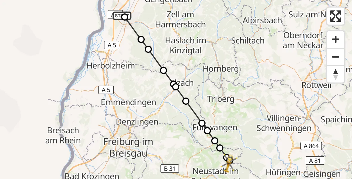 Flugroute Rettungshubschrauber Lahr Flughafen - Eisenbach (Hochschwarzwald), 12 Juli 2026, 16:04