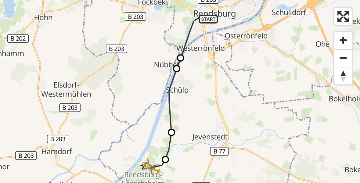Flugroute Ambulanzhubschrauber Rendsburg - Hörsten, 12 Juli 2026, 16:05