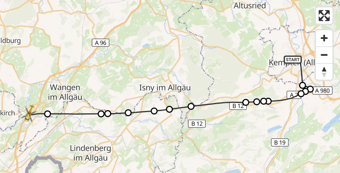 Flugroute Rettungshubschrauber Kempten (Allgäu) - Wangen im Allgäu, 12 Juli 2026, 16:16