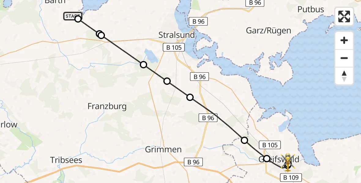 Flugroute Rettungshubschrauber Kenz-Küstrow - Greifswald Hospital, 12 Juli 2026, 16:26