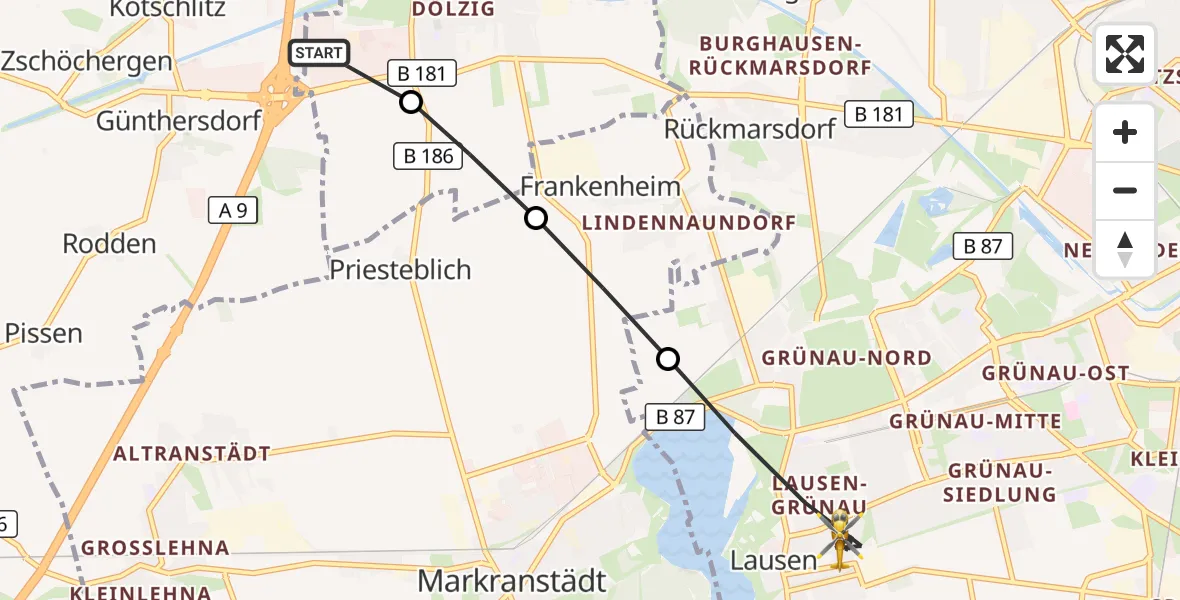 Flugroute Rettungshubschrauber ADAC Air Rescue Station Leipzig/Schkeuditz-Dölzig Hubschrauberlandeplatz (Christoph 61) - Leipzig, 12 Juli 2026, 16:27