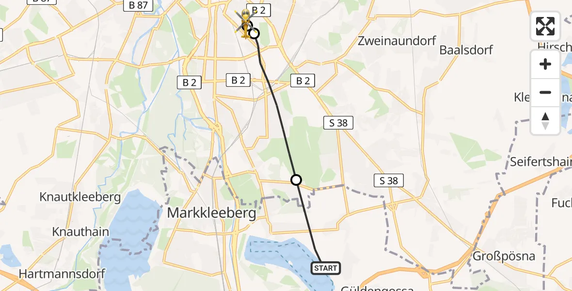Flugroute Rettungshubschrauber Markkleeberg - Leipzig University Hospital Heliport 1, 12 Juli 2026, 16:29
