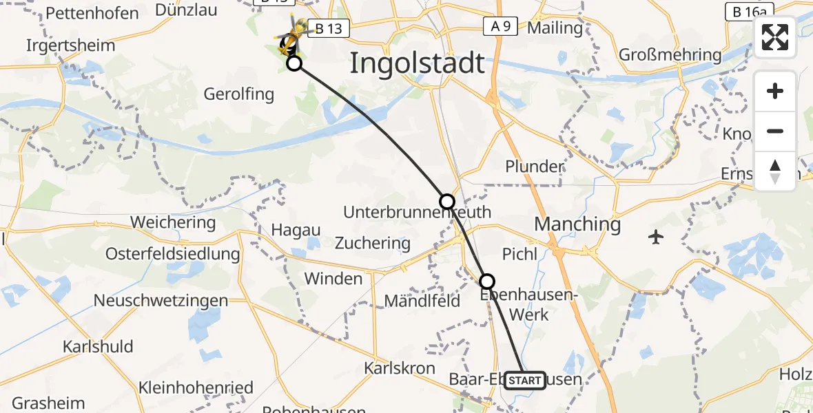Flugroute Rettungshubschrauber Baar-Ebenhausen - Ingolstadt Hospital, 12 Juli 2026, 16:30