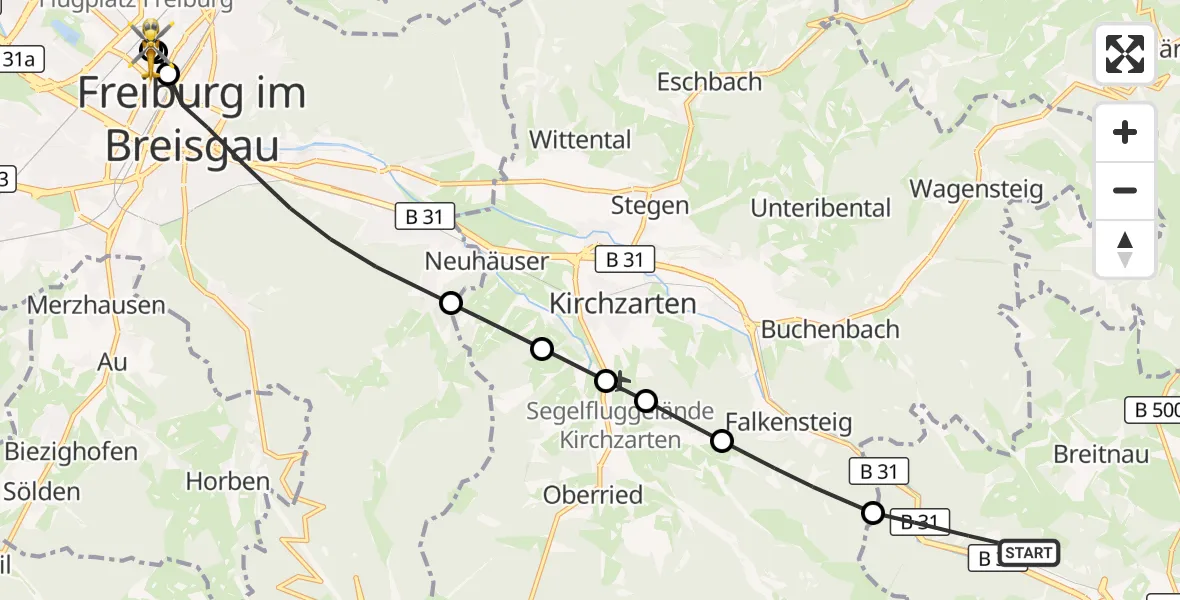 Flugroute Ambulanzhubschrauber Breitnau - Freiburg University Hospital Heliport 1, 12 Juli 2026, 16:32