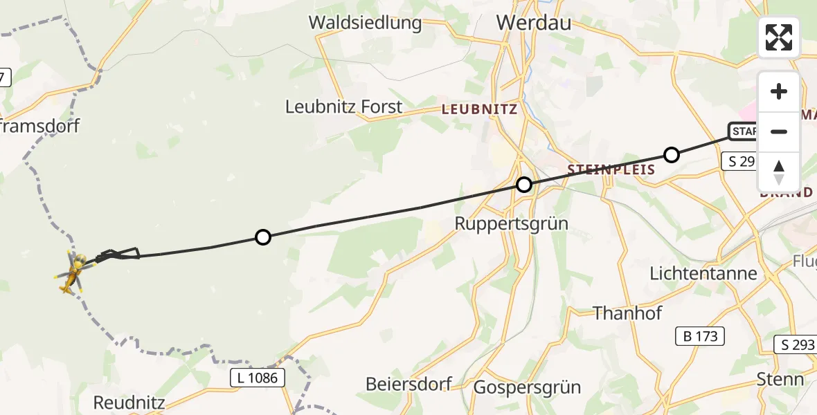 Flugroute Rettungshubschrauber ADAC Air Rescue Station Zwickau Hubschrauberlandeplatz - Werdau, 12 Juli 2026, 16:36
