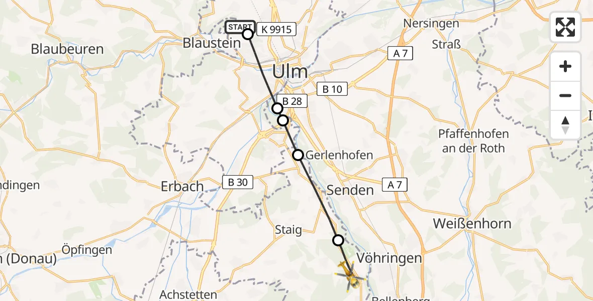 Flugroute Rettungshubschrauber Ulm Military Hospital Emergency - Illerrieden, 12 Juli 2026, 16:36