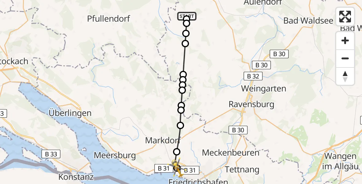 Flugroute Rettungshubschrauber Hoßkirch - Friedrichshafen Hospital, 12 Juli 2026, 16:45