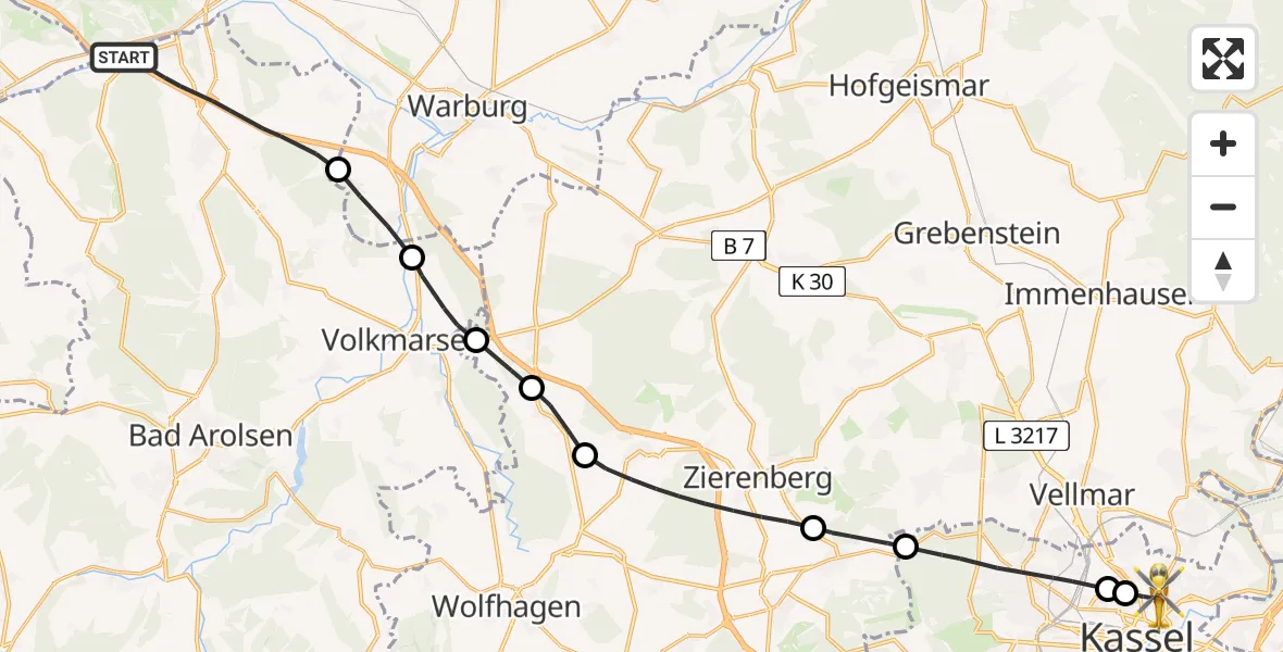 Flugroute Rettungshubschrauber Diemelstadt - Kassel, 12 Juli 2026, 16:46