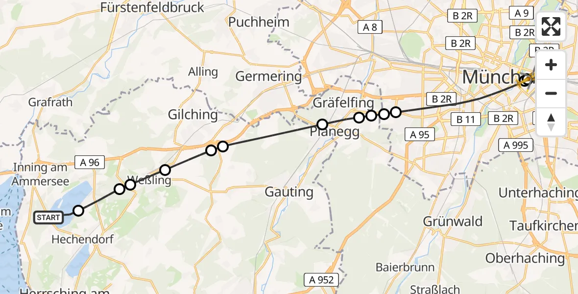 Flugroute Rettungshubschrauber Inning a.Ammersee - Rechts der Isar University Hospital, 12 Juli 2026, 16:48