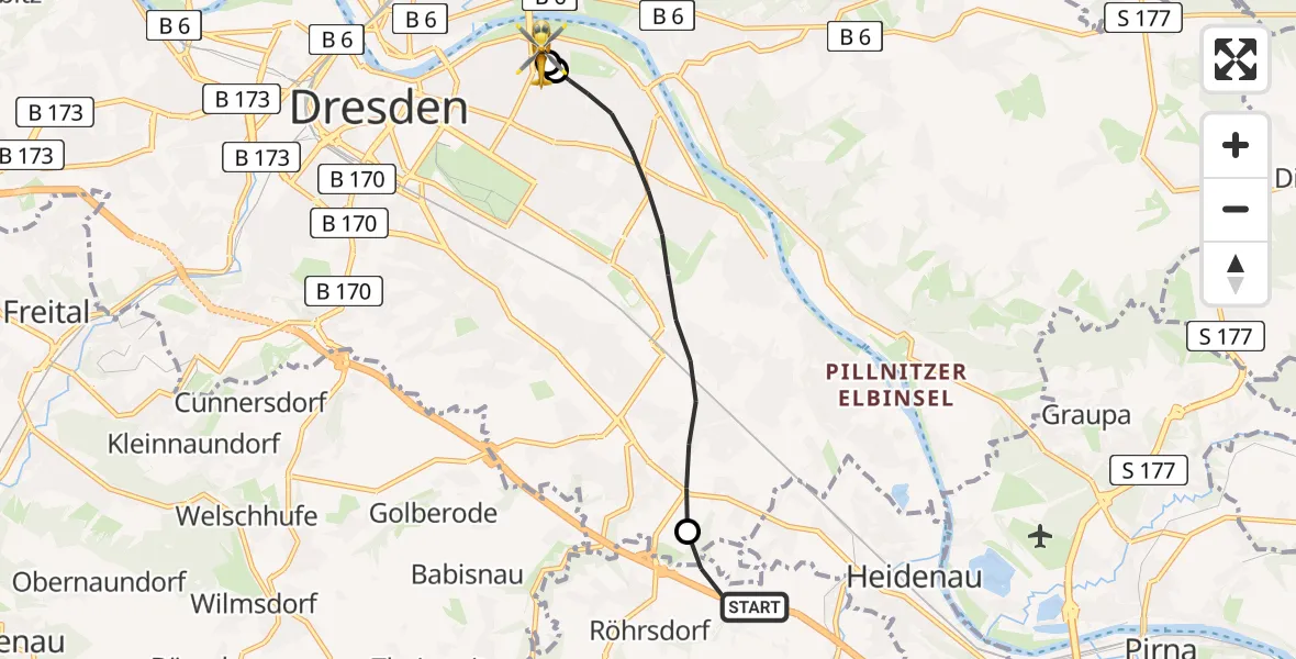 Flugroute Rettungshubschrauber Dohna - Dresden University Hospital, 12 Juli 2026, 16:49