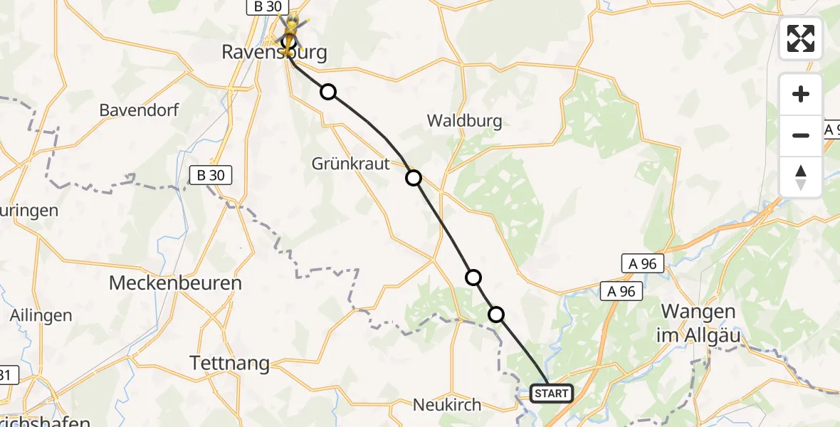 Flugroute Rettungshubschrauber Wangen im Allgäu - Sankt Elisabeth Hospital, 12 Juli 2026, 16:50