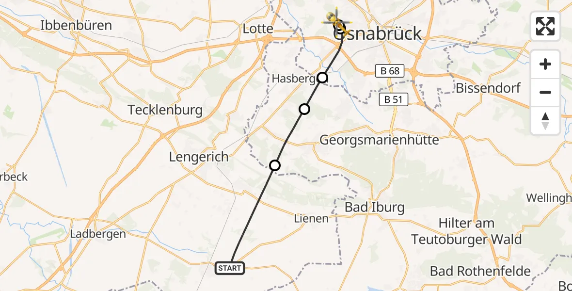 Flugroute Ambulanzhubschrauber Lienen - Osnabrück Hospital, 12 Juli 2026, 16:51