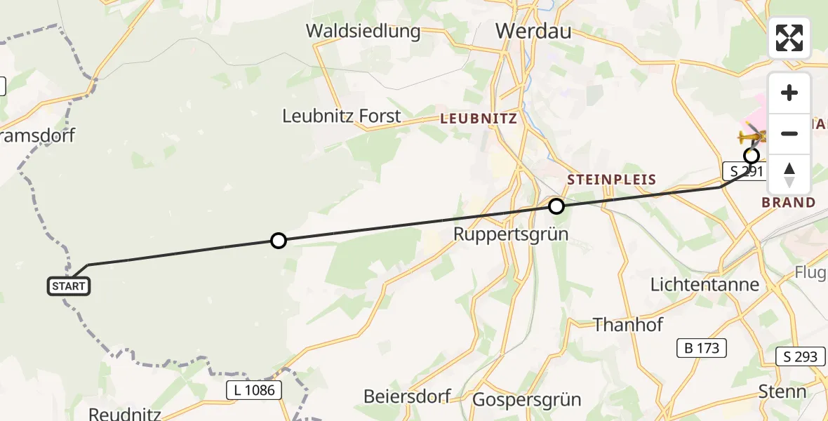 Flugroute Rettungshubschrauber Werdau - ADAC Air Rescue Station Zwickau Hubschrauberlandeplatz, 12 Juli 2026, 17:02