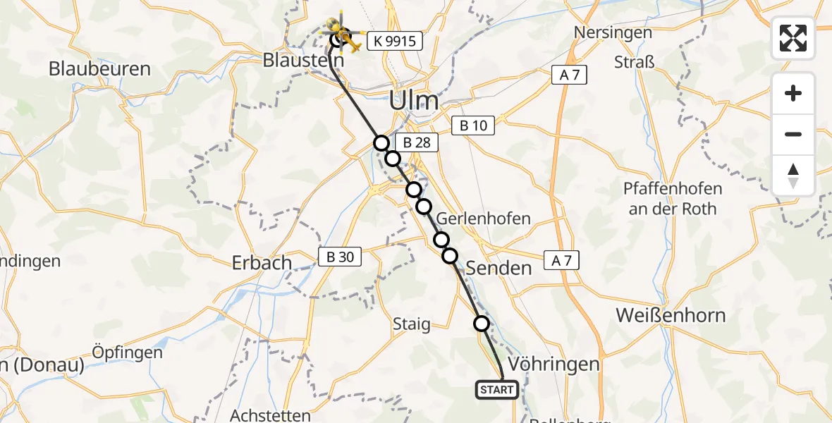 Flugroute Rettungshubschrauber Illerrieden - Ulm Military Hospital Emergency, 12 Juli 2026, 17:07