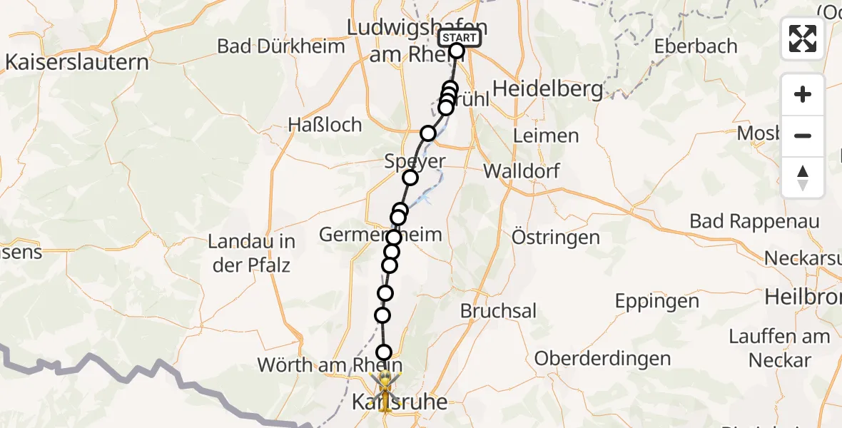 Flugroute Rettungshubschrauber Mannheim-City Flughafen - Karlsruhe, 12 Juli 2026, 17:08