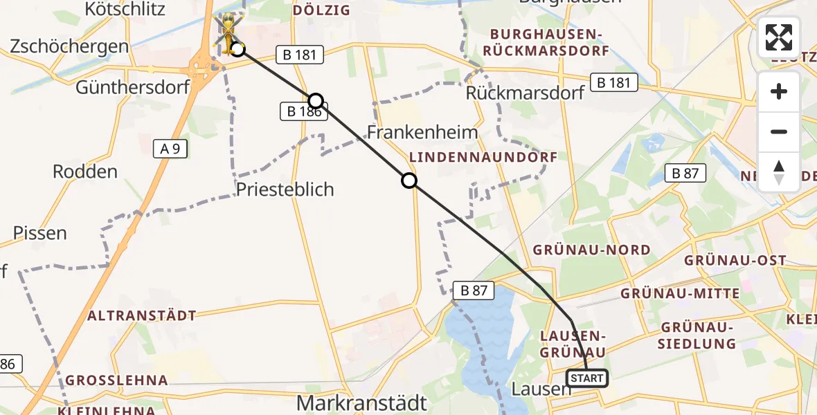 Flugroute Rettungshubschrauber Leipzig - ADAC Air Rescue Station Leipzig/Schkeuditz-Dölzig Hubschrauberlandeplatz (Christoph 61), 12 Juli 2026, 17:10