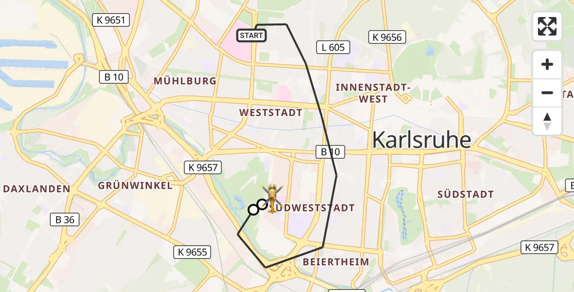 Flugroute Ambulanzhubschrauber Karlsruhe - Sankt Vincentius Hospital, 12 Juli 2026, 17:10