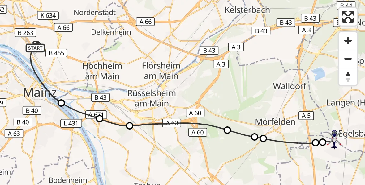 Flugroute Polizeihubschrauber Wiesbaden - Flughafen Frankfurt-Egelsbach, 12 Juli 2026, 17:13