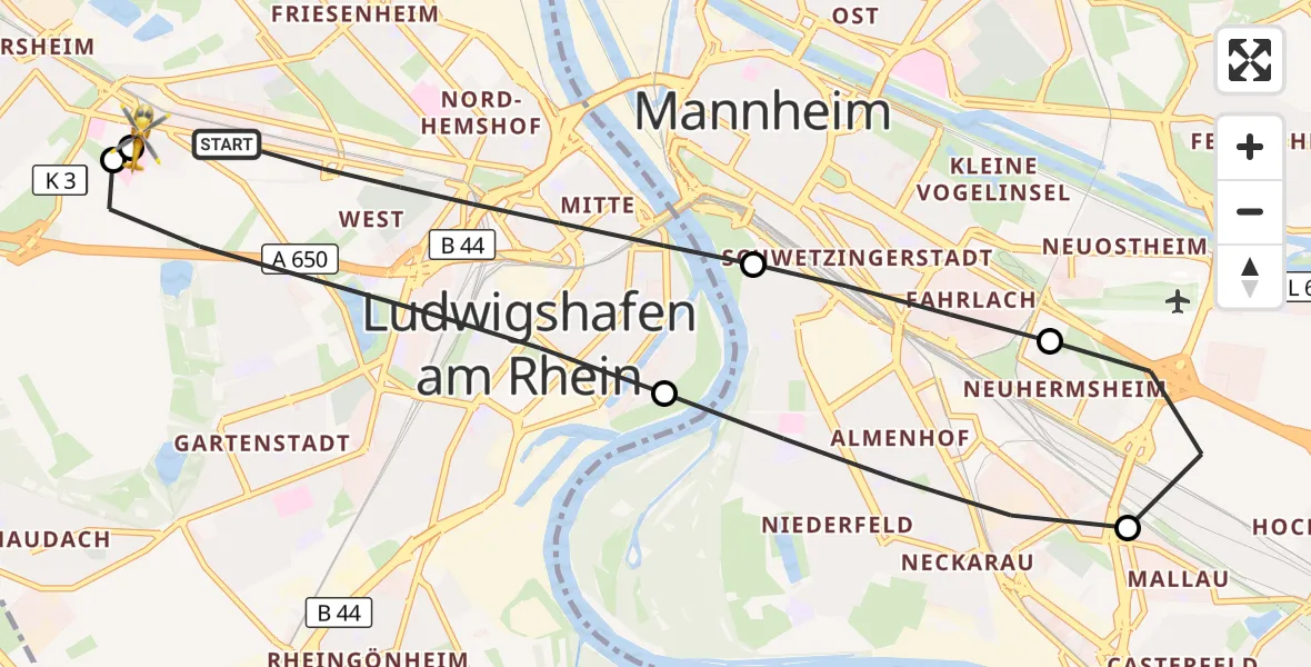 Flugroute Rettungshubschrauber Ludwigshafen am Rhein - Ludwigshafen Accident Hospital, 12 Juli 2026, 17:16