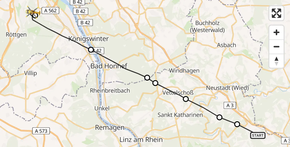 Flugroute Ambulanzhubschrauber Hümmerich - Bonn University Hospital, 12 Juli 2026, 17:19