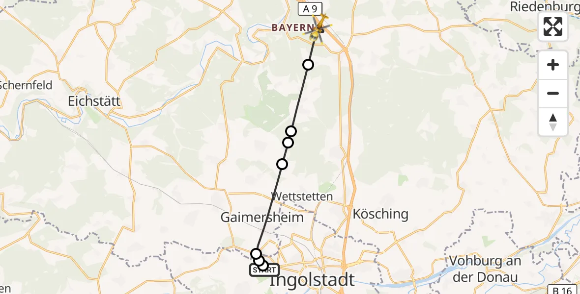 Flugroute Rettungshubschrauber Ingolstadt Hospital - Denkendorf, 12 Juli 2026, 17:23