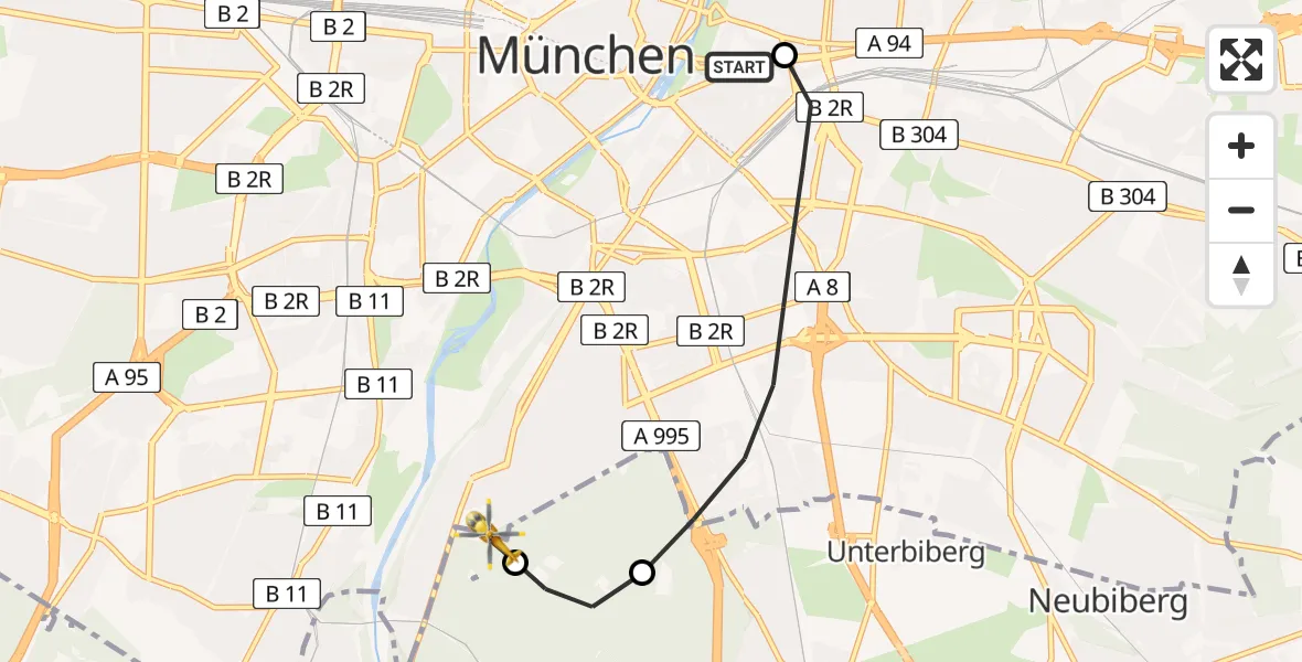 Flugroute Rettungshubschrauber Rechts der Isar University Hospital - ADAC Air Rescue Center Hubschrauberlandeplatz (Christoph 1), 12 Juli 2026, 17:24