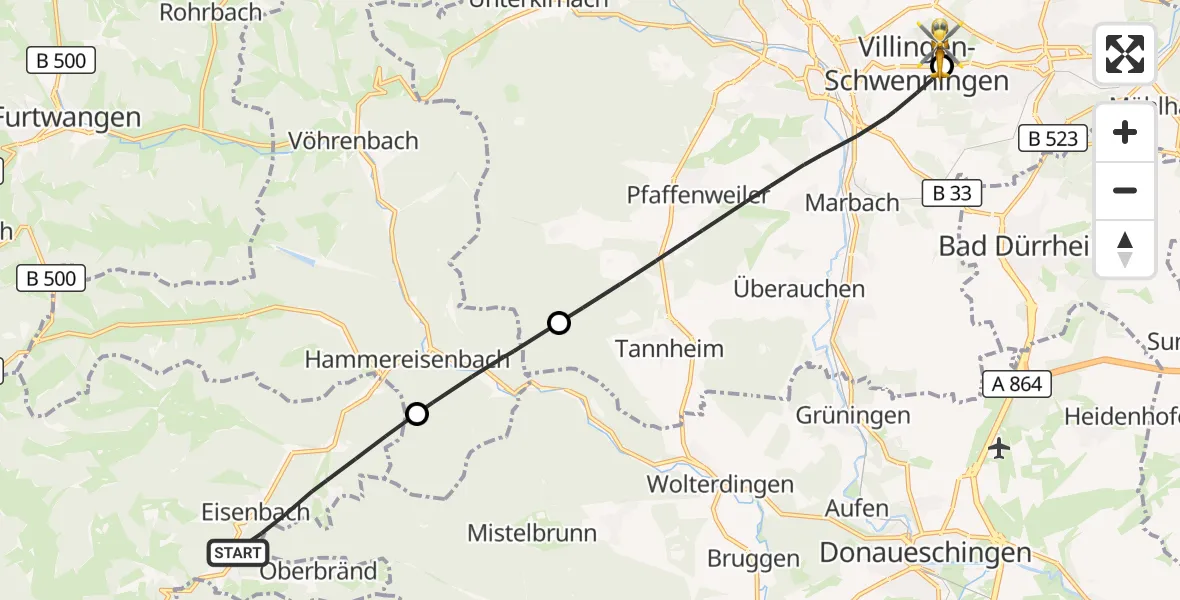 Flugroute Rettungshubschrauber Eisenbach (Hochschwarzwald) - DRF Air Rescue Station Villingen-Schwenningen Hubschrauberlandeplatz (Christoph 11), 12 Juli 2026, 17:25