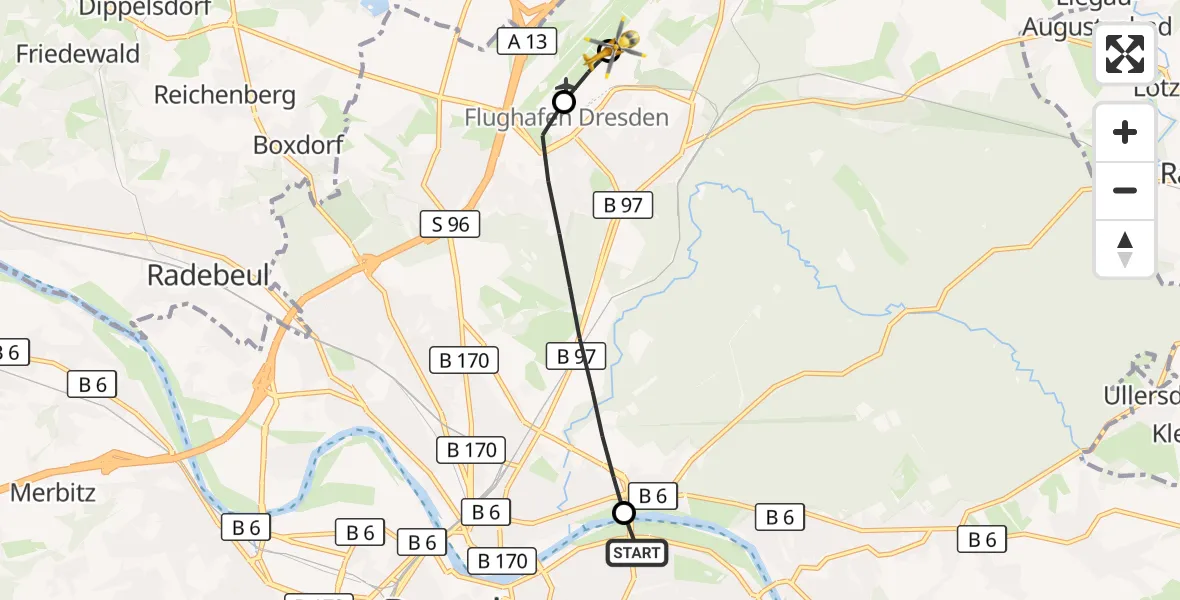 Flugroute Rettungshubschrauber Dresden University Hospital - Dresden Bundespolizei Hubschrauberlandeplatz, 12 Juli 2026, 17:25