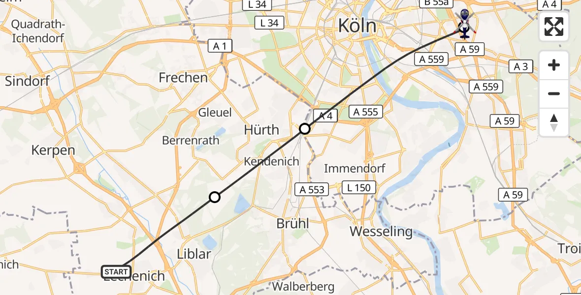 Flugroute Polizeihubschrauber Erftstadt - Merheim Hospital, 12 Juli 2026, 17:25
