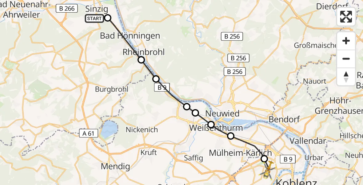 Flugroute Rettungshubschrauber Sinzig - Koblenz, 12 Juli 2026, 17:25