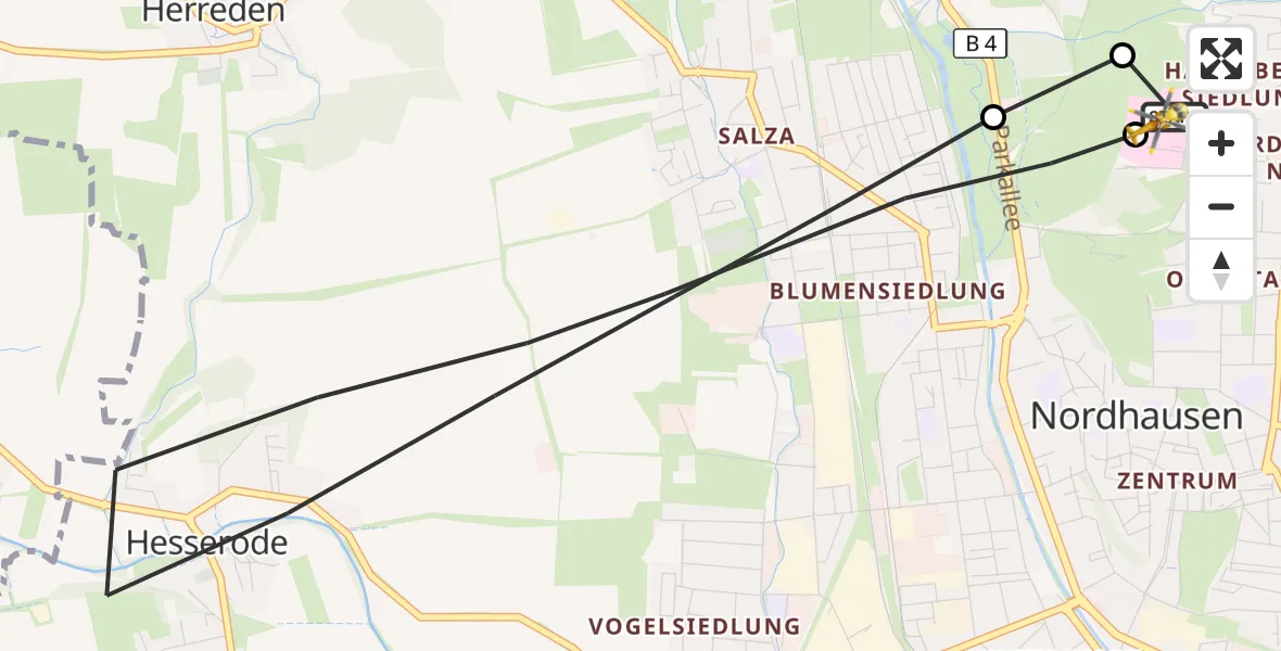 Flugroute Rettungshubschrauber Südharz Hospital Nordhausen - Südharz Hospital Nordhausen, 12 Juli 2026, 17:27