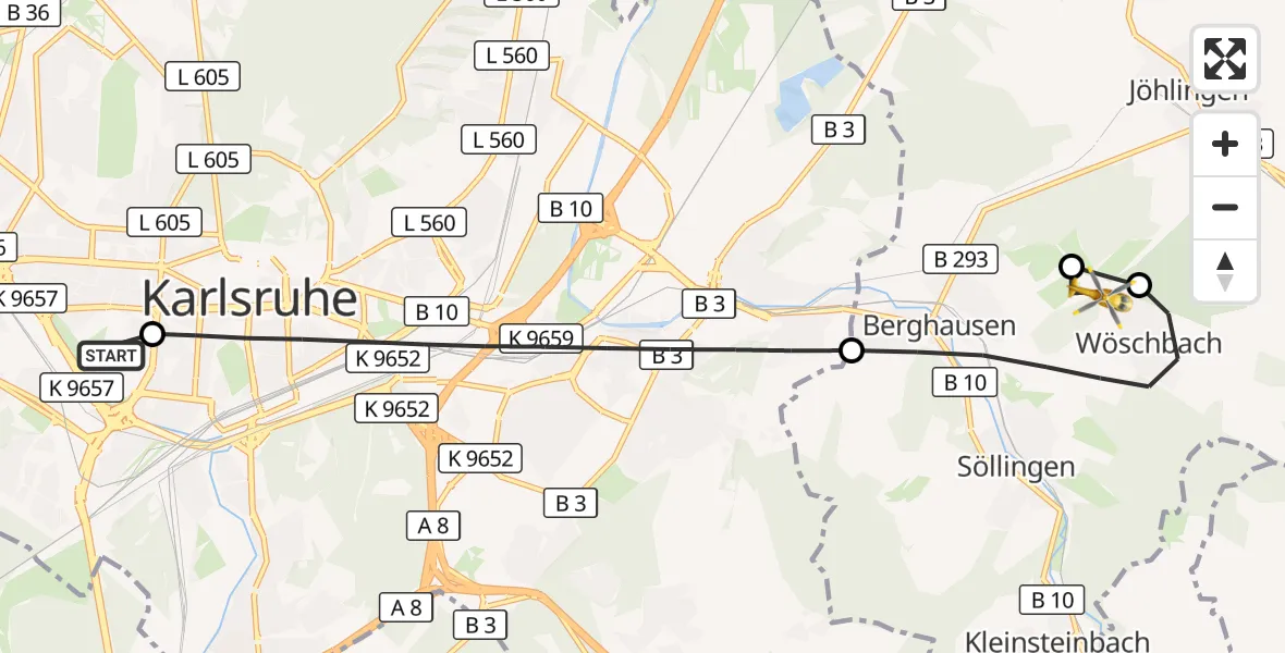 Flugroute Ambulanzhubschrauber Sankt Vincentius Hospital - Pfinztal, 12 Juli 2026, 17:28