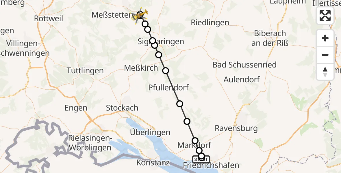Flugroute Rettungshubschrauber Friedrichshafen Hospital - Straßberg, 12 Juli 2026, 17:31
