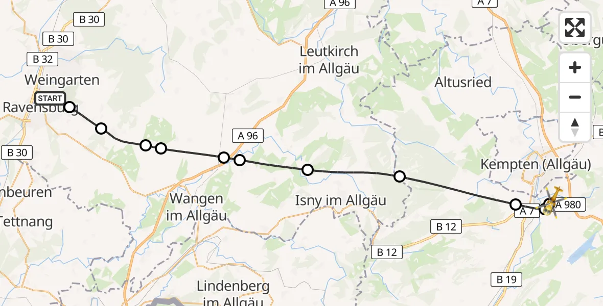 Flugroute Rettungshubschrauber Ravensburg - Kempten-Durach Flugplatz, 12 Juli 2026, 17:31