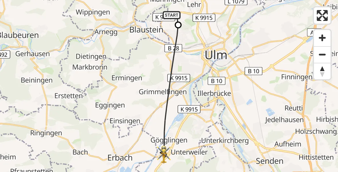 Flugroute Rettungshubschrauber Ulm Military Hospital Emergency - Ulm, 12 Juli 2026, 17:32