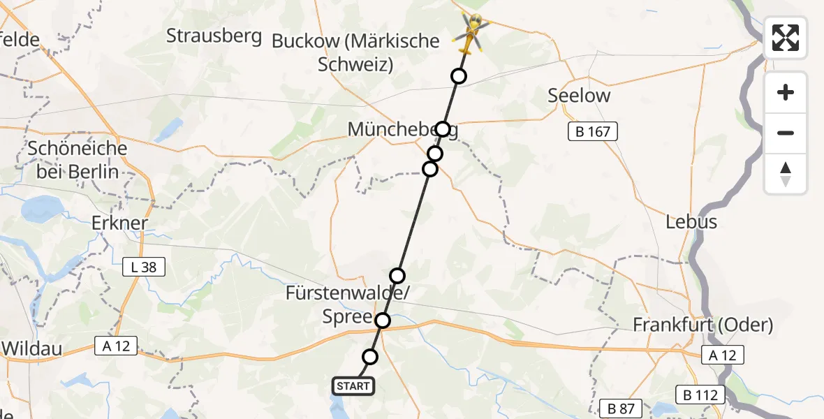 Flugroute Rettungshubschrauber Bad Saarow - Neuhardenberg, 12 Juli 2026, 17:33