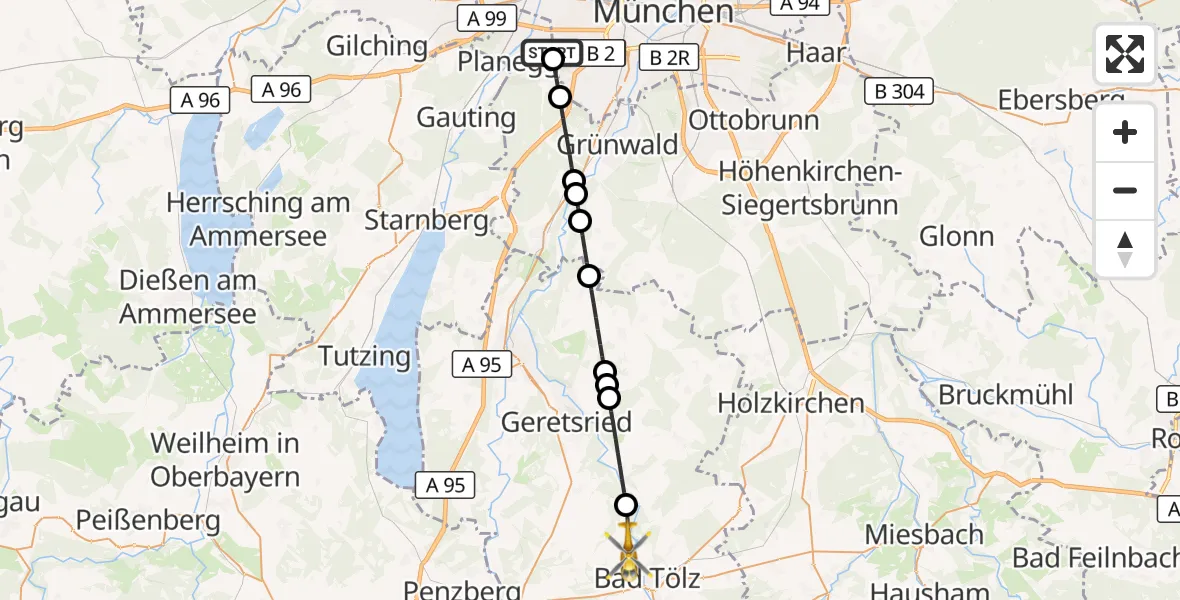 Flugroute Rettungshubschrauber DRF Air Rescue München Hubschrauberlandeplatz - Bad Tölz, 12 Juli 2026, 17:38