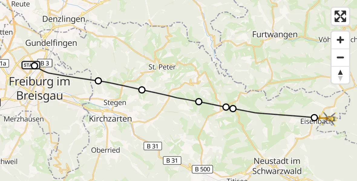 Flugroute Ambulanzhubschrauber Freiburg im Breisgau Flugplatz - Eisenbach (Hochschwarzwald), 12 Juli 2026, 17:39