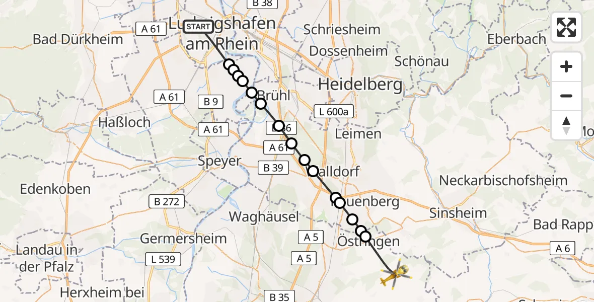 Flugroute Rettungshubschrauber Ludwigshafen am Rhein - Östringen, 12 Juli 2026, 17:44