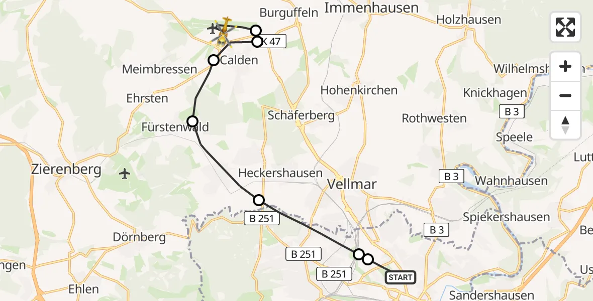Flugroute Rettungshubschrauber Kassel - Kassel Flughafen, 12 Juli 2026, 17:48